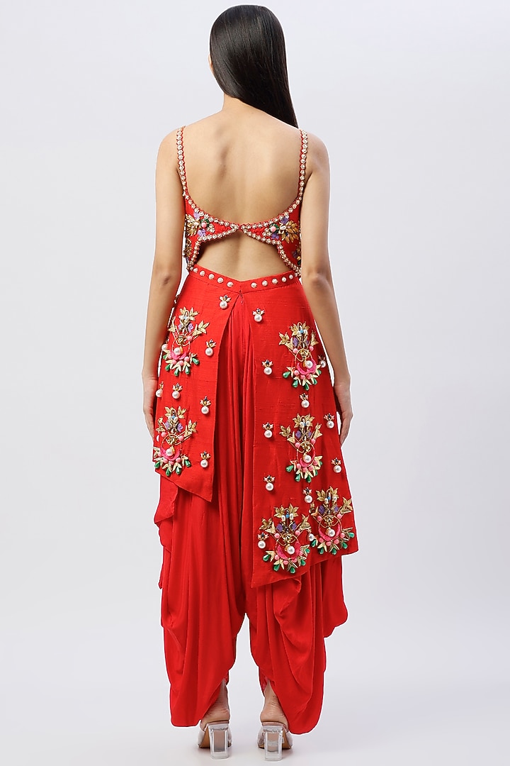 Red Embroidered Dhoti Jumpsuit by Papa Don't Preach by Shubhika at Pernia's Pop Up Shop